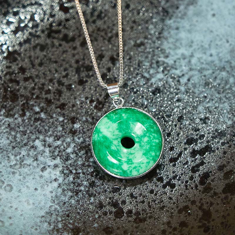 Buddha Stones Natural Cyan Jade Peace Buckle Healing Luck Necklace Pendant