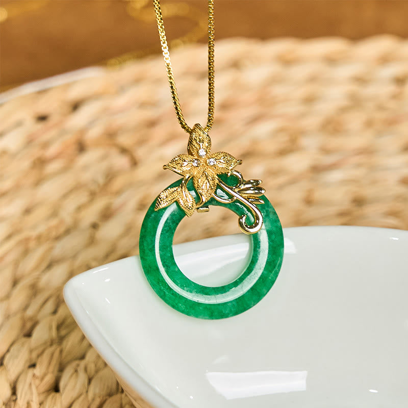 Wear FengShui Cyan Jade Peace Buckle Alloy Flower Healing Luck Necklace Pendant