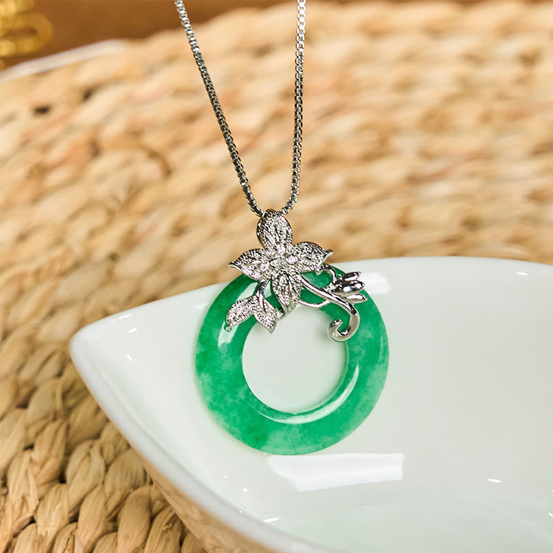 Wear FengShui Cyan Jade Peace Buckle Alloy Flower Healing Luck Necklace Pendant