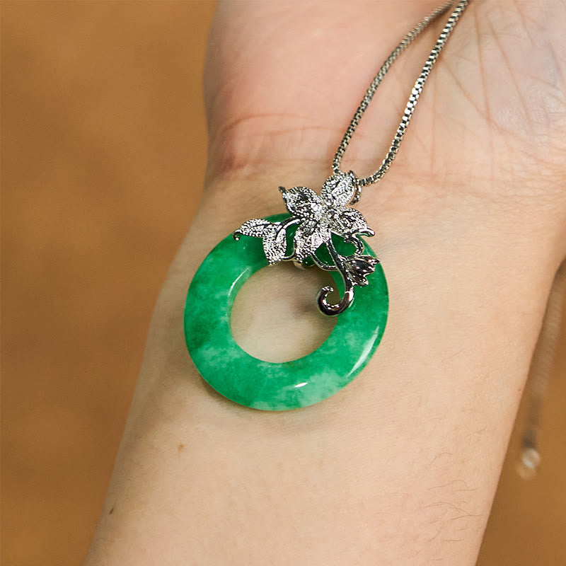 Wear FengShui Cyan Jade Peace Buckle Alloy Flower Healing Luck Necklace Pendant