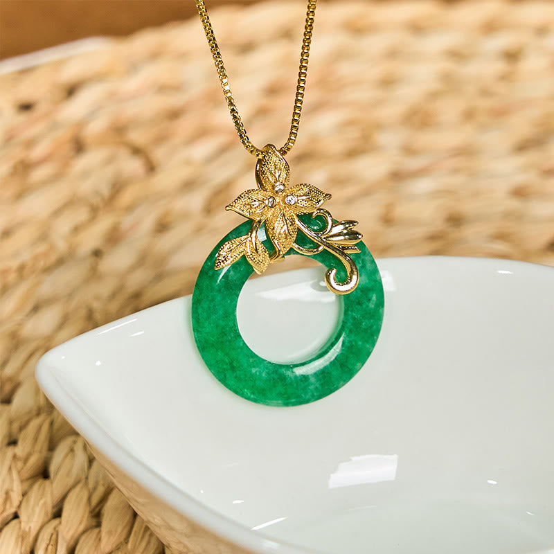 Wear FengShui Cyan Jade Peace Buckle Alloy Flower Healing Luck Necklace Pendant