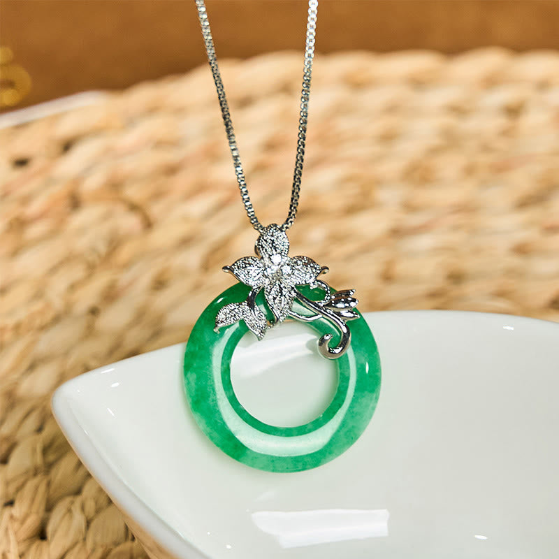Wear FengShui Cyan Jade Peace Buckle Alloy Flower Healing Luck Necklace Pendant