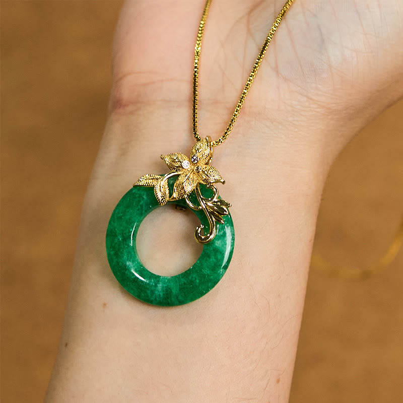 Wear FengShui Cyan Jade Peace Buckle Alloy Flower Healing Luck Necklace Pendant