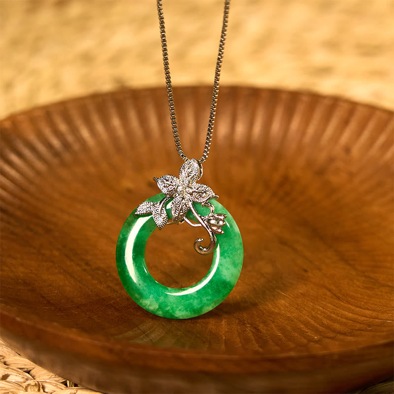Wear FengShui Cyan Jade Peace Buckle Alloy Flower Healing Luck Necklace Pendant