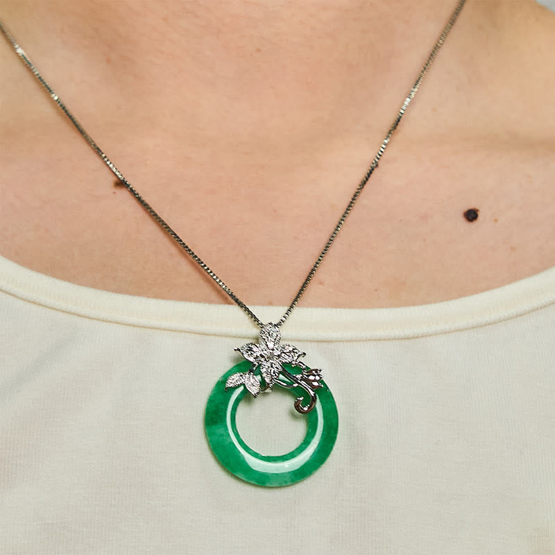Wear FengShui Cyan Jade Peace Buckle Alloy Flower Healing Luck Necklace Pendant