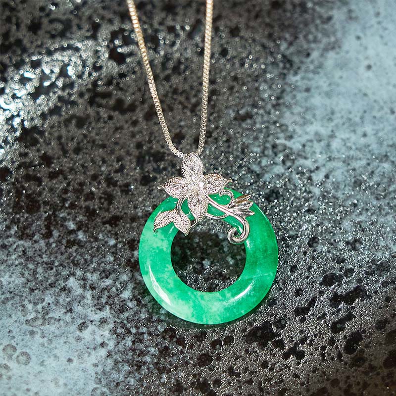 Wear FengShui Cyan Jade Peace Buckle Alloy Flower Healing Luck Necklace Pendant