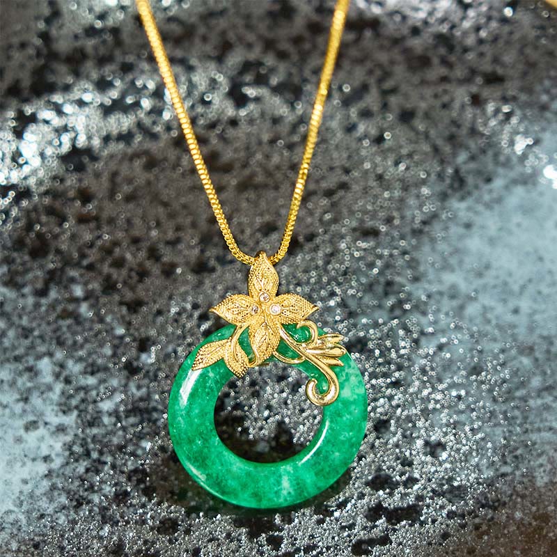 Wear FengShui Cyan Jade Peace Buckle Alloy Flower Healing Luck Necklace Pendant