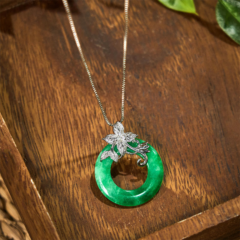 Wear FengShui Cyan Jade Peace Buckle Alloy Flower Healing Luck Necklace Pendant