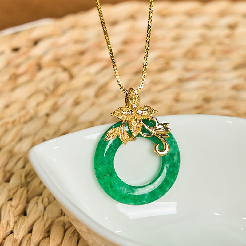 Wear FengShui Cyan Jade Peace Buckle Alloy Flower Healing Luck Necklace Pendant