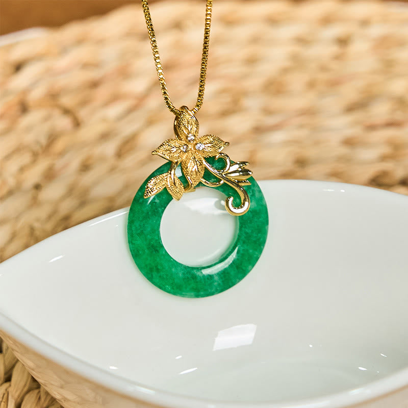 Wear FengShui Cyan Jade Peace Buckle Alloy Flower Healing Luck Necklace Pendant