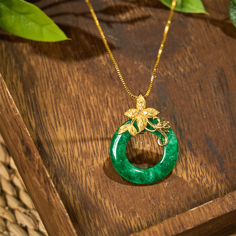 Wear FengShui Cyan Jade Peace Buckle Alloy Flower Healing Luck Necklace Pendant