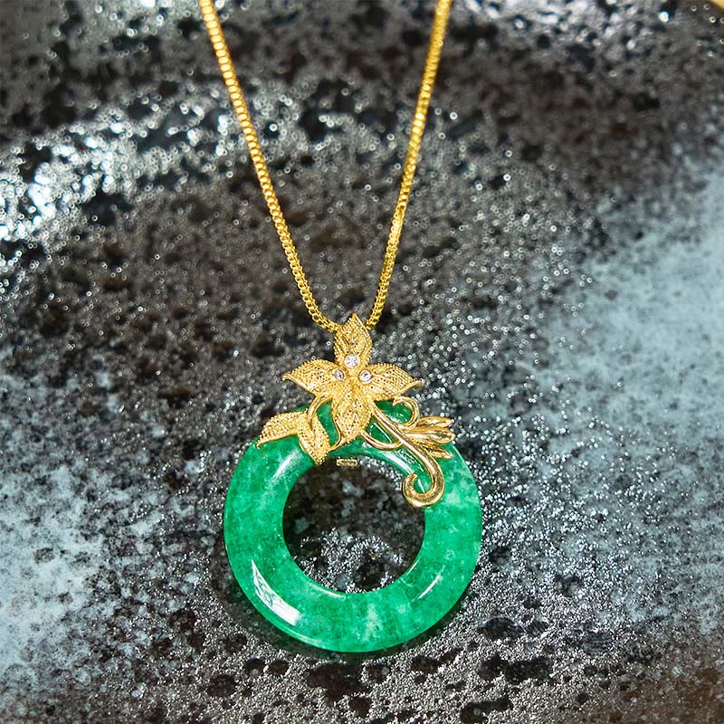 Wear FengShui Cyan Jade Peace Buckle Alloy Flower Healing Luck Necklace Pendant