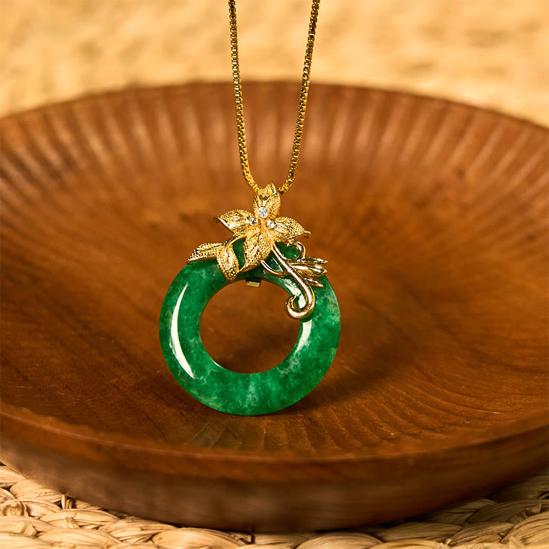 Wear FengShui Cyan Jade Peace Buckle Alloy Flower Healing Luck Necklace Pendant
