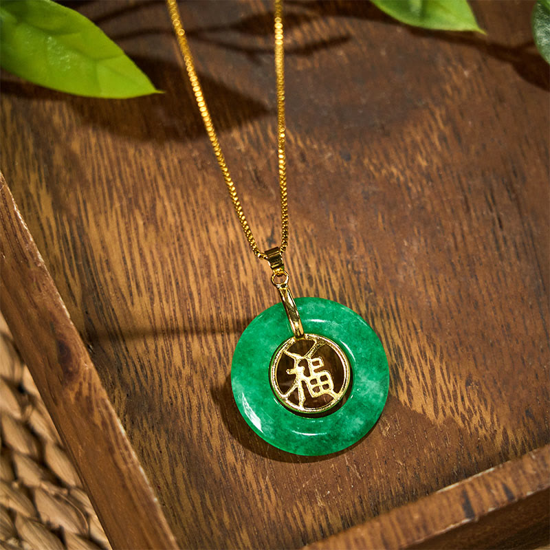 Wear FengShui Cyan Jade Fu Character Peace Buckle Healing Luck Necklace Pendant