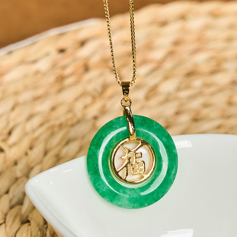 Wear FengShui Cyan Jade Fu Character Peace Buckle Healing Luck Necklace Pendant