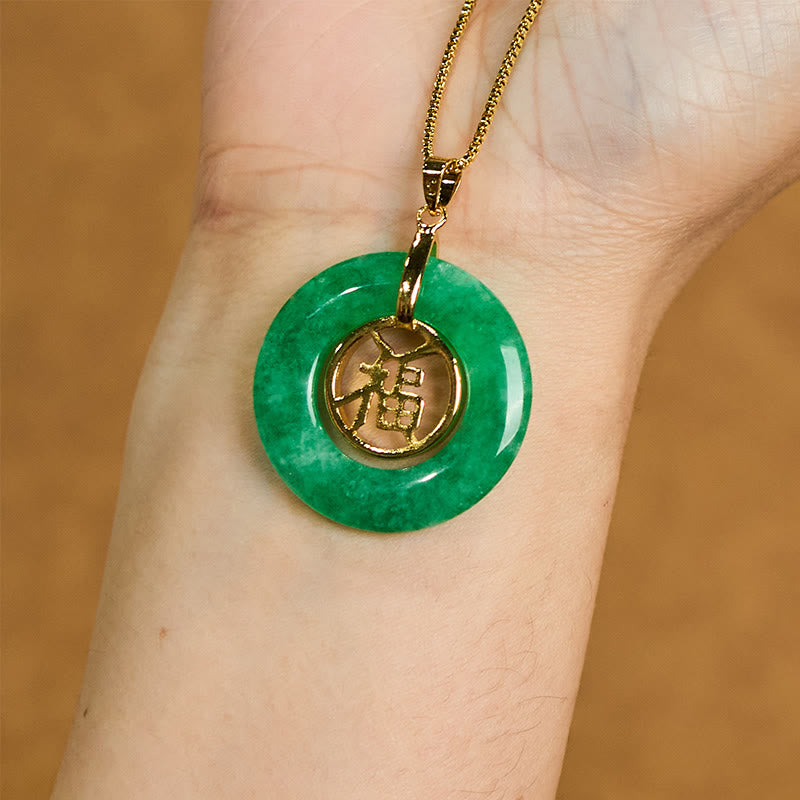 Wear FengShui Cyan Jade Fu Character Peace Buckle Healing Luck Necklace Pendant