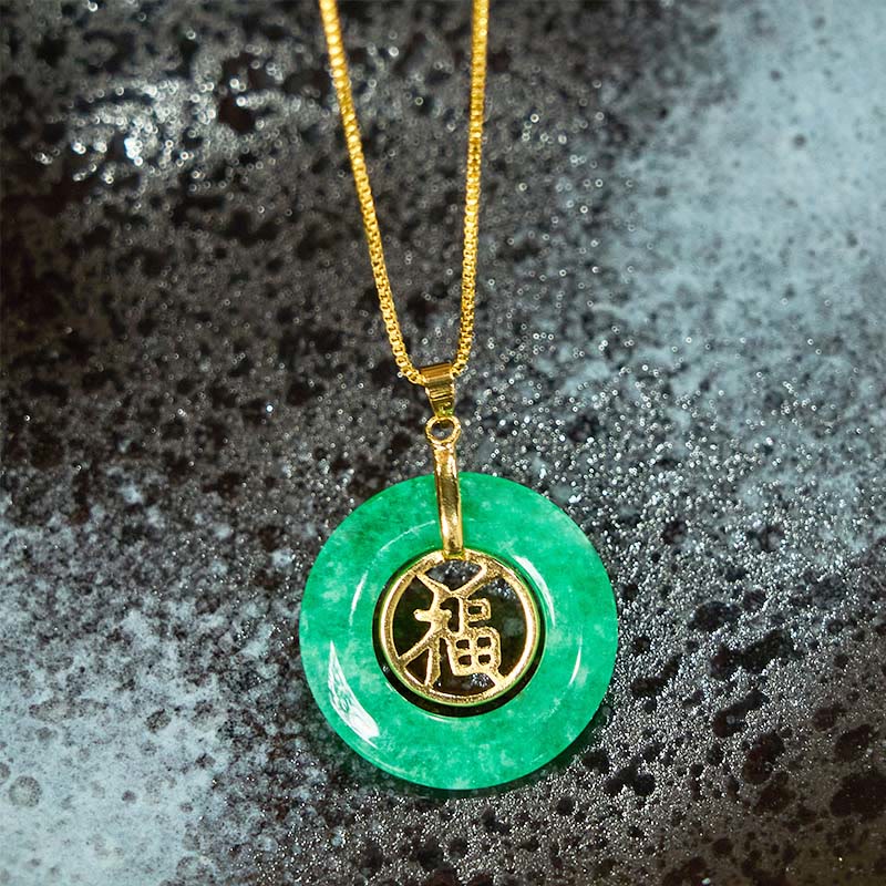 Wear FengShui Cyan Jade Fu Character Peace Buckle Healing Luck Necklace Pendant