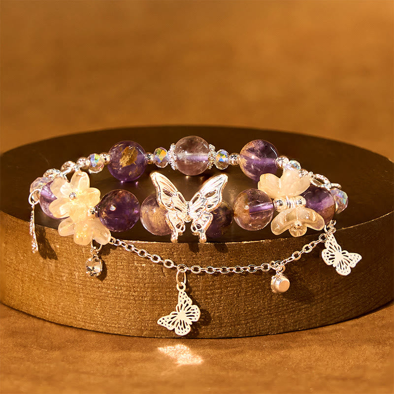 Wear FengShui Natural Purple Phantom Butterfly Flowers Wisdom Bracelet