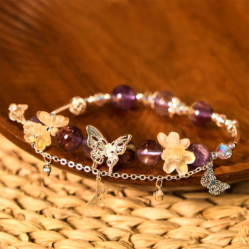 Wear FengShui Natural Purple Phantom Butterfly Flowers Wisdom Bracelet