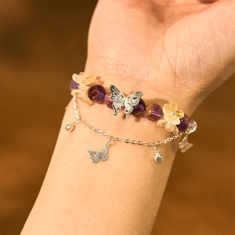 Wear FengShui Natural Purple Phantom Butterfly Flowers Wisdom Bracelet