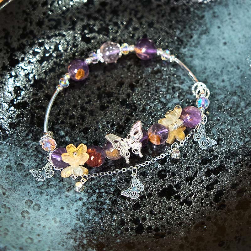 Wear FengShui Natural Purple Phantom Butterfly Flowers Wisdom Bracelet
