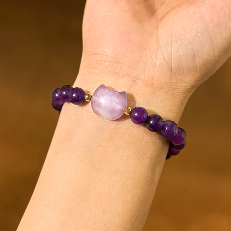 Wear FengShui Amethyst Green Aventurine Rose Quartz Fluorite Cat Head Balance Luck Bracelet