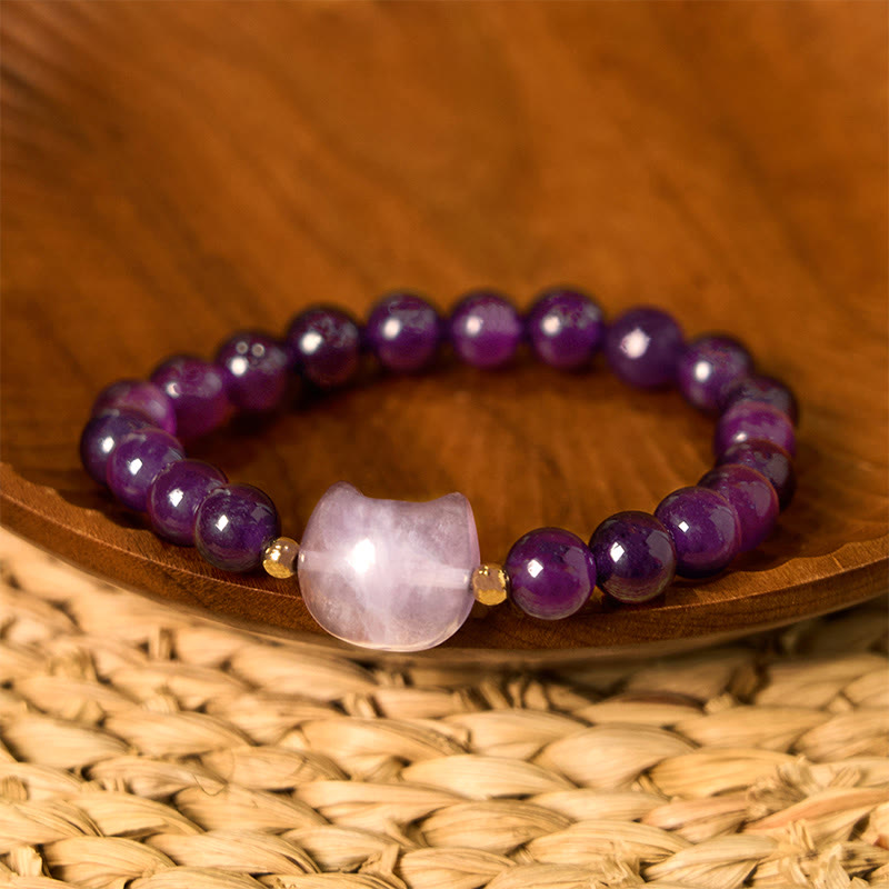 Wear FengShui Amethyst Green Aventurine Rose Quartz Fluorite Cat Head Balance Luck Bracelet