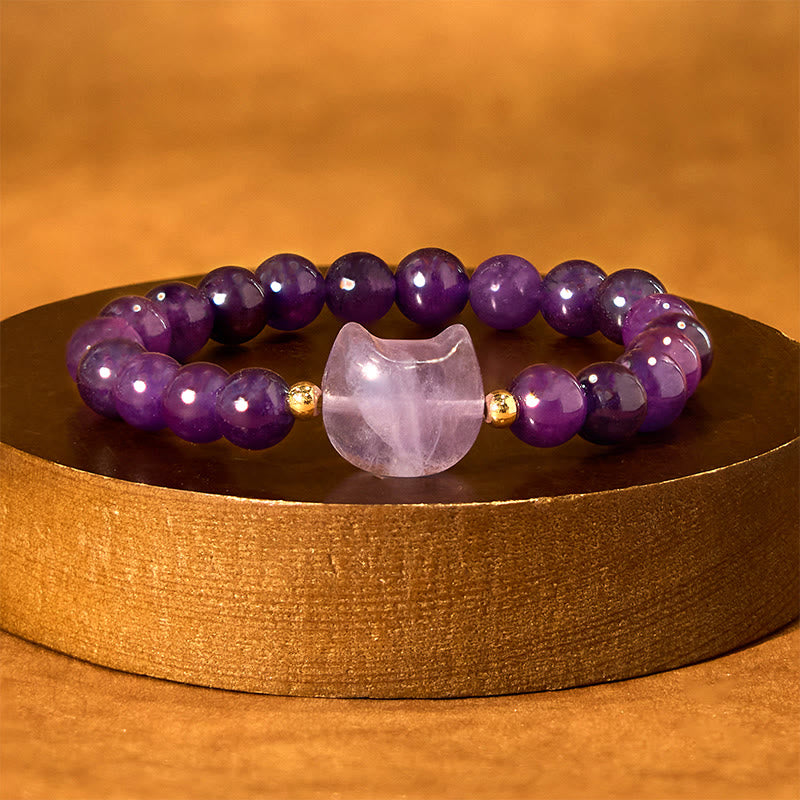 Wear FengShui Amethyst Green Aventurine Rose Quartz Fluorite Cat Head Balance Luck Bracelet