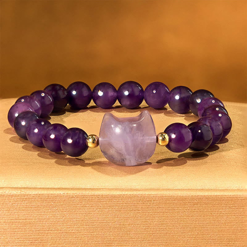 Wear FengShui Amethyst Green Aventurine Rose Quartz Fluorite Cat Head Balance Luck Bracelet