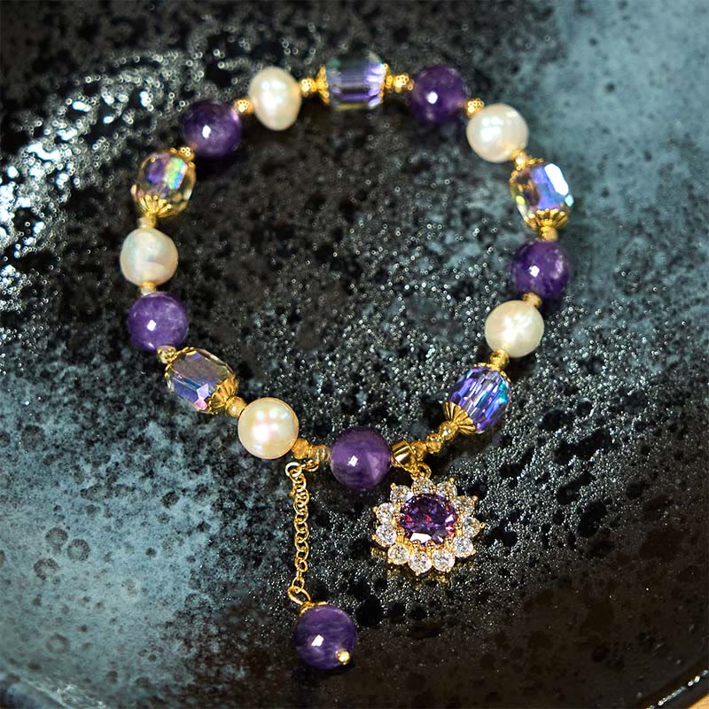 Wear FengShui Natural Amethyst Pearl Sunflower Communication Bracelet