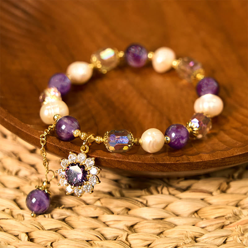Wear FengShui Natural Amethyst Pearl Sunflower Communication Bracelet