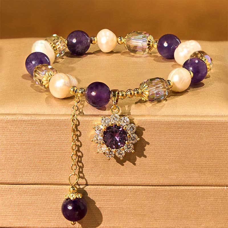 Wear FengShui Natural Amethyst Pearl Sunflower Communication Bracelet