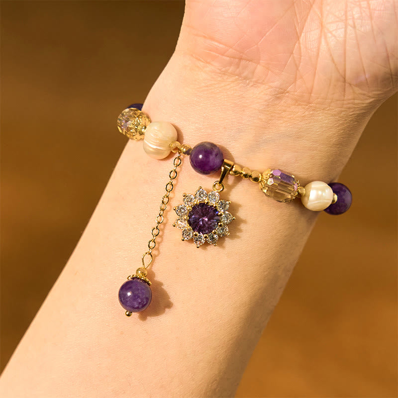 Wear FengShui Natural Amethyst Pearl Sunflower Communication Bracelet