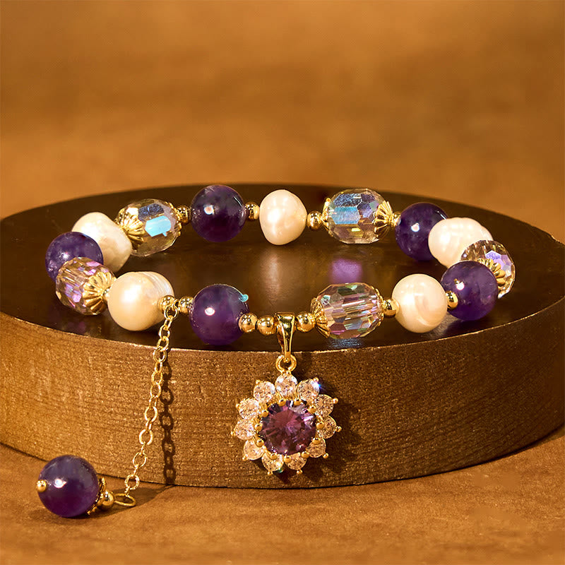 Wear FengShui Natural Amethyst Pearl Sunflower Communication Bracelet