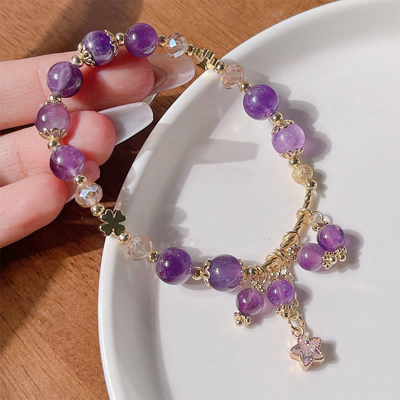 Wear FengShui Natural Amethyst Four Leaf Clover Star Peace Bracelet