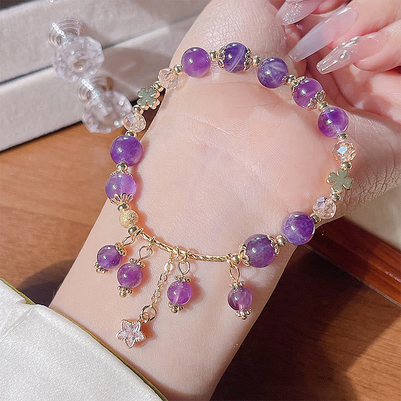 Wear FengShui Natural Amethyst Four Leaf Clover Star Peace Bracelet