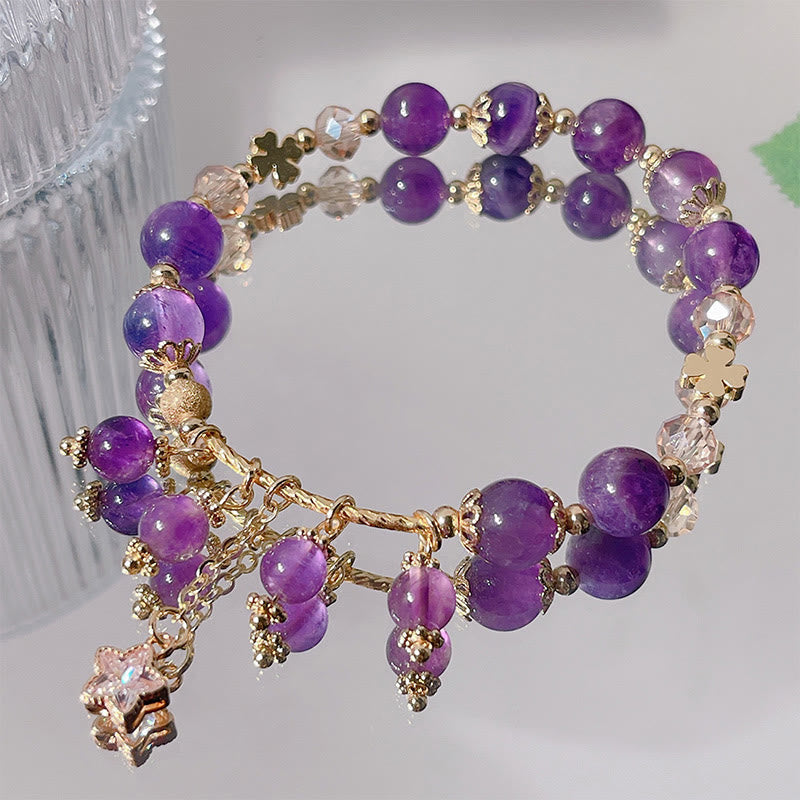 Wear FengShui Natural Amethyst Four Leaf Clover Star Peace Bracelet