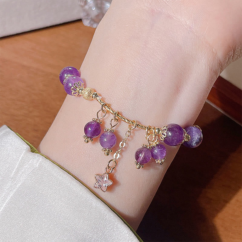 Wear FengShui Natural Amethyst Four Leaf Clover Star Peace Bracelet