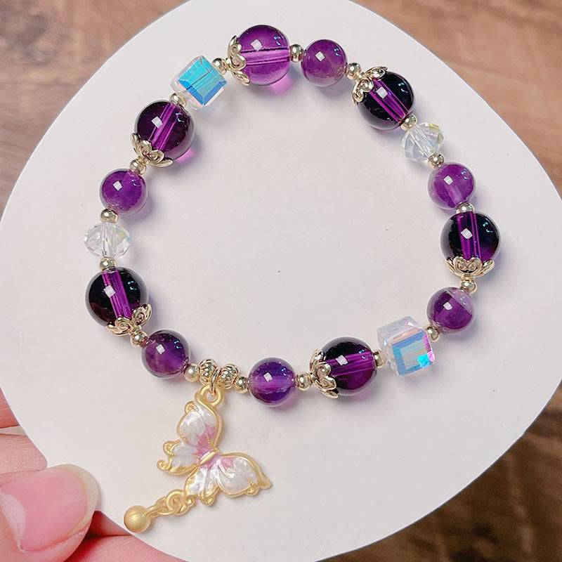 Wear FengShui Natural Amethyst Sun Stone Butterfly Peace Bracelet
