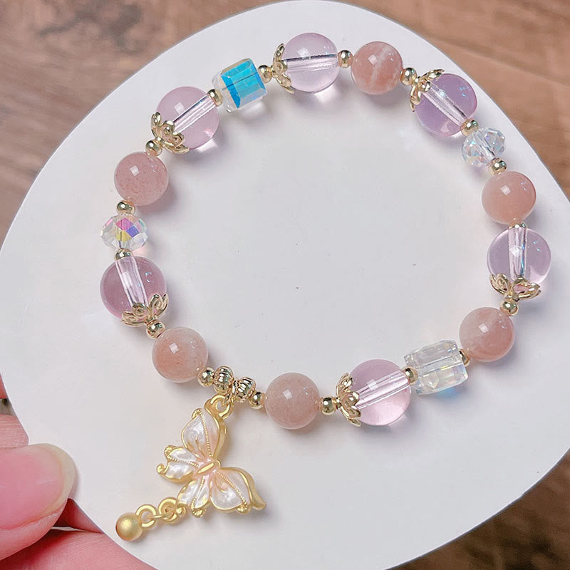 Wear FengShui Natural Amethyst Sun Stone Butterfly Peace Bracelet