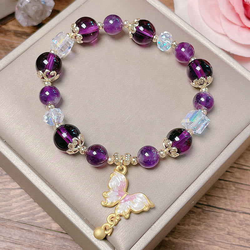 Wear FengShui Natural Amethyst Sun Stone Butterfly Peace Bracelet