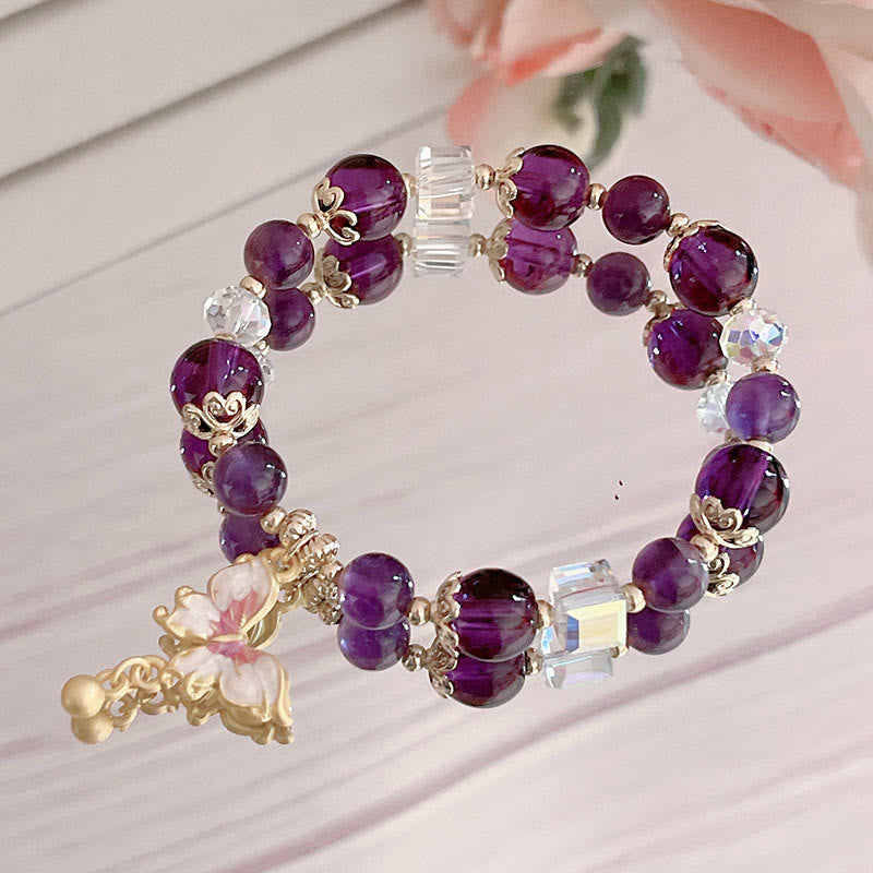 Wear FengShui Natural Amethyst Sun Stone Butterfly Peace Bracelet