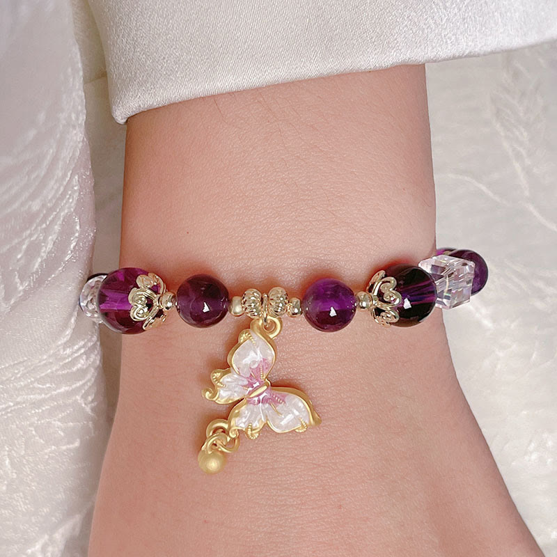 Wear FengShui Natural Amethyst Sun Stone Butterfly Peace Bracelet