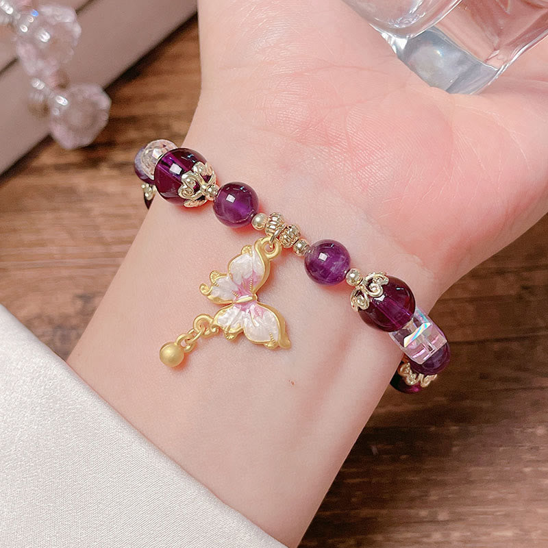 Wear FengShui Natural Amethyst Sun Stone Butterfly Peace Bracelet