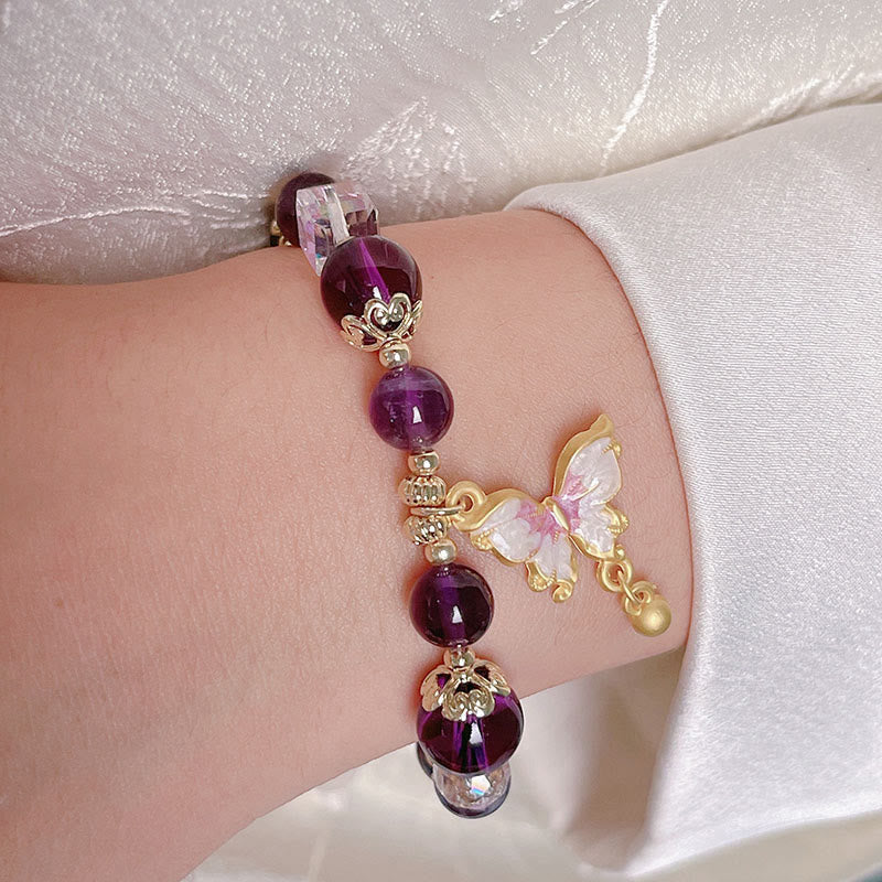 Wear FengShui Natural Amethyst Sun Stone Butterfly Peace Bracelet