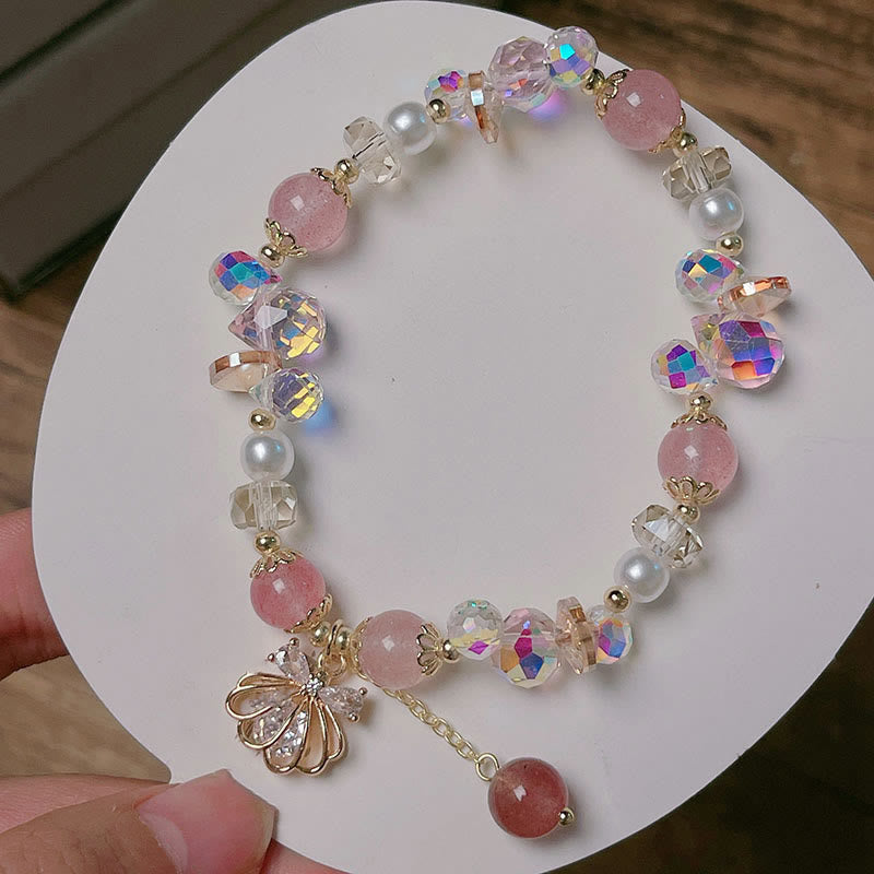 Wear FengShui Natural Strawberry Quartz Pearl Shell Positive Bracelet
