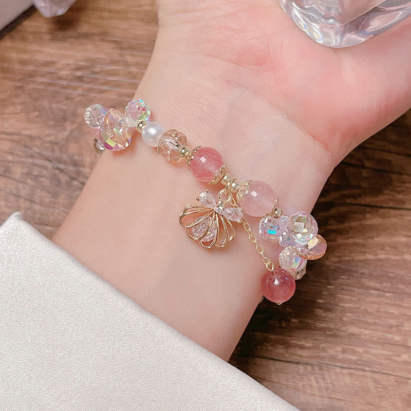 Wear FengShui Natural Strawberry Quartz Pearl Shell Positive Bracelet