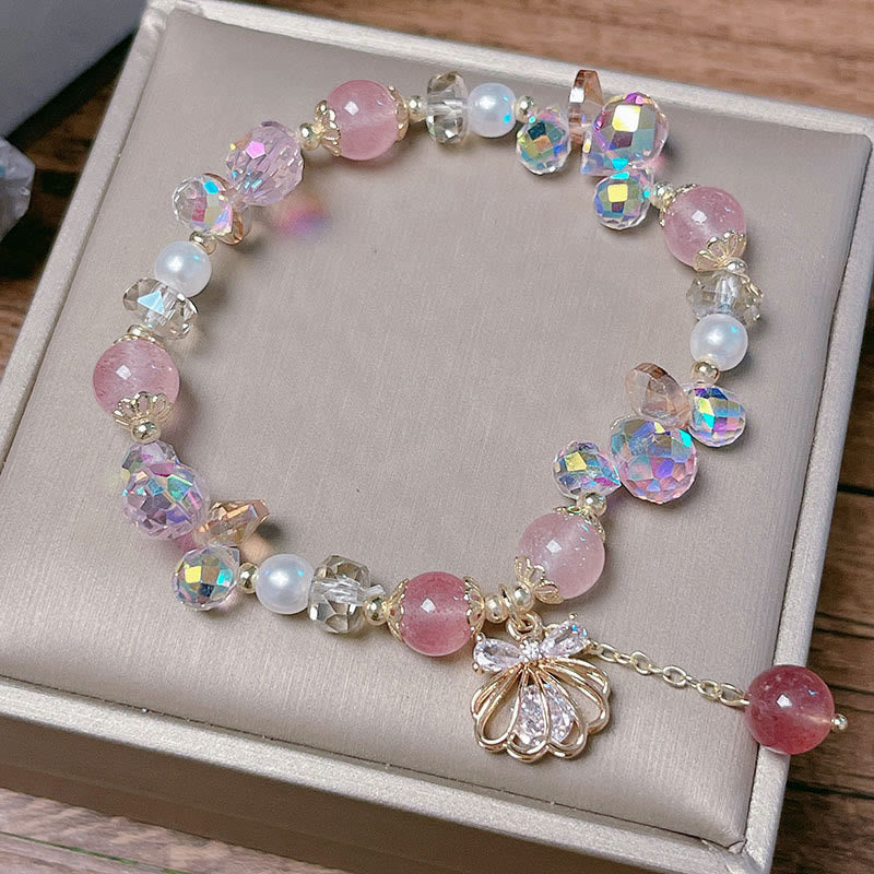 Wear FengShui Natural Strawberry Quartz Pearl Shell Positive Bracelet