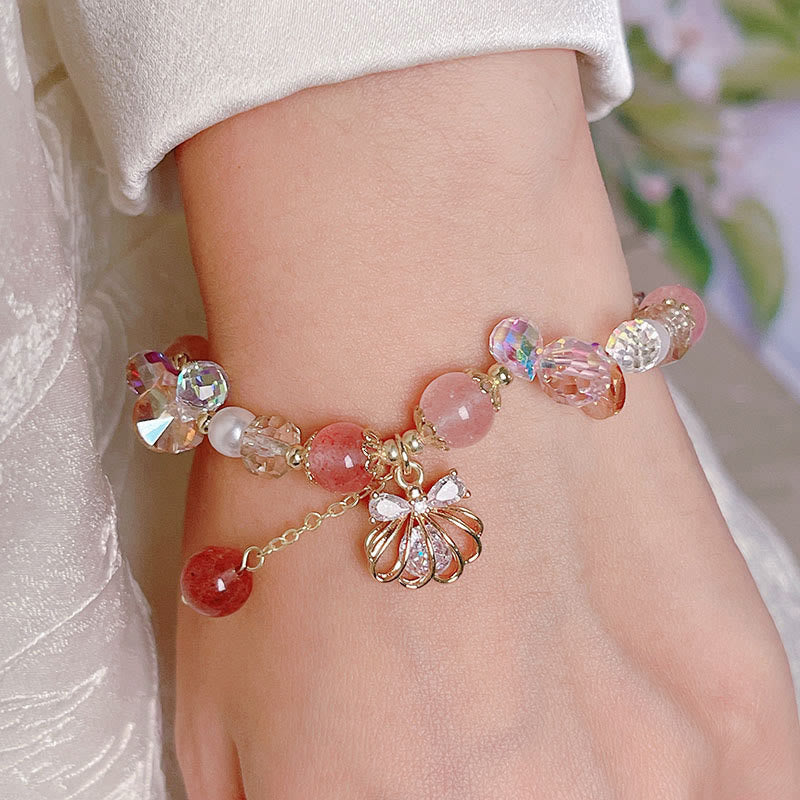 Wear FengShui Natural Strawberry Quartz Pearl Shell Positive Bracelet