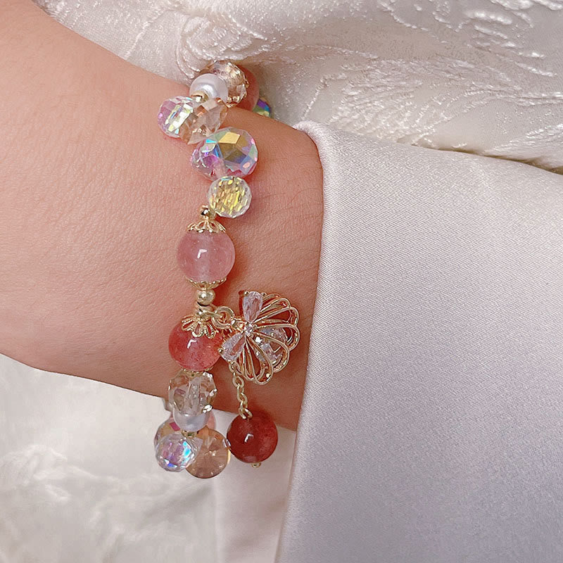 Wear FengShui Natural Strawberry Quartz Pearl Shell Positive Bracelet